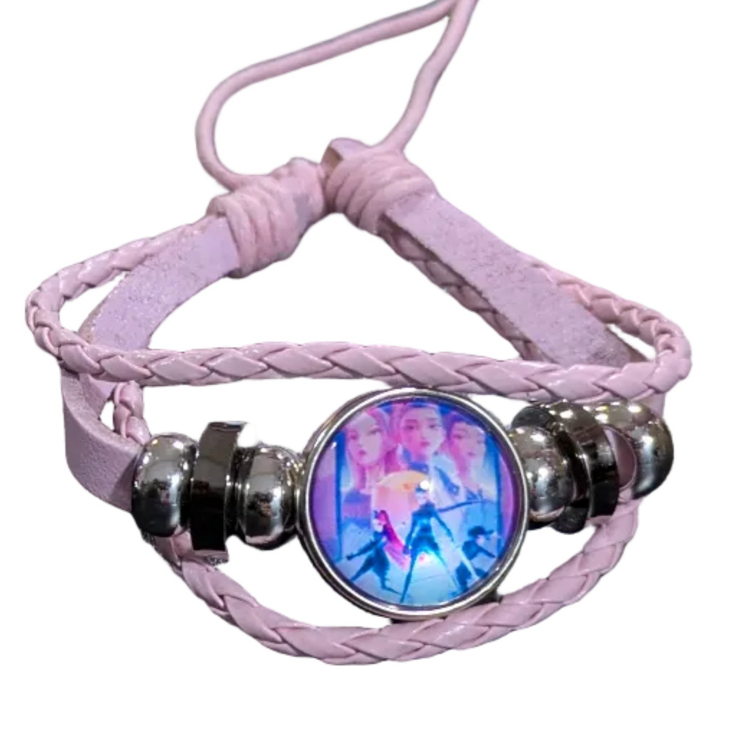 Black leather charm bracelet featuring Demon Hunters design, K-POP Fangirl Edition by Ralphie's Funhouse.