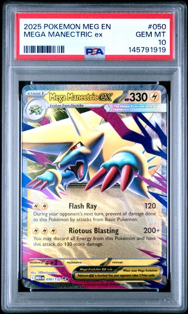 2025 Pokémon Mega Manectric ex Pokémon card, En-Mega Evolution #050, PSA GEM MT 10 from Ralphie's Funhouse