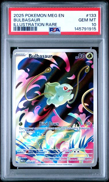 Rare PSA Gem MT 10 Bulbasaur illustration from 2025 Pokémon Mega Evolution #133, detailed artwork on high-quality card.