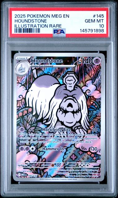 Illustration of Houndstone Pokémon from 2025 Mega Evolution series, PSA Gem MT 10 graded rarity card by Ralphie's Funhouse
