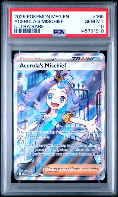 2025 Pokémon Mega En Mega Evolution #165 Acerola's Mischief Ultra Rare PSA GEM MT 10 card from Ralphie's Funhouse