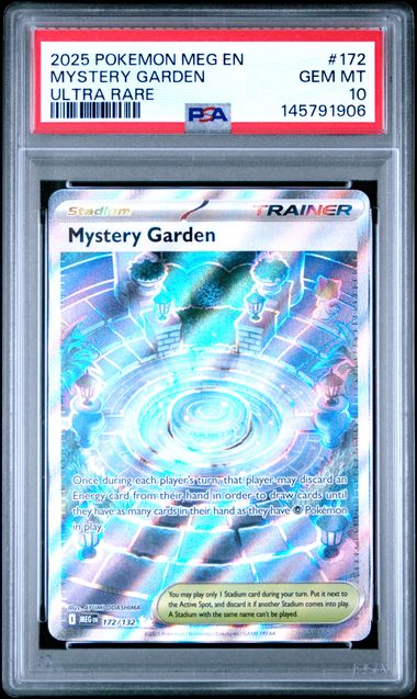 2025 Pokémon Meg En Mega Evolution #172 Mystery Garden ultra rare PSA Gem MT 10 card featuring vibrant artwork and detailed design.