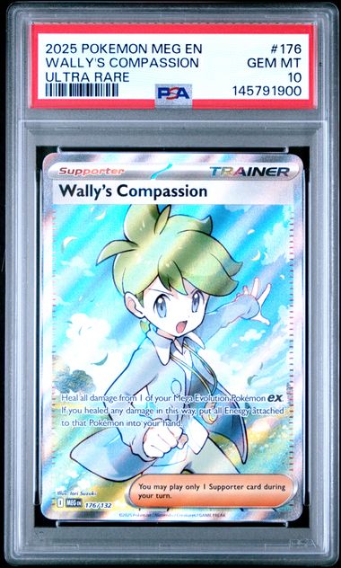 2025 Pokémon Mega En Mega Evolution Wally's Compassion Ultra Rare PSA Gem Mint 10 trading card, featuring vibrant artwork and detailed design