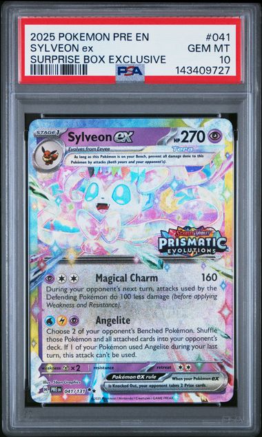 2025 Pokémon Sylveon ex Surprise Box card from Prismatic Evolutions set, PSA Gem MT 10, featuring Sylveon, a Fairy-type Pokémon.
