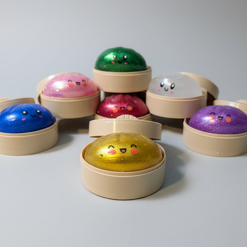 Colorful All Glitter Squishy Bun Mystery Dumplings by Ralphie's Funhouse, soft and squeezable with a glittery finish.
