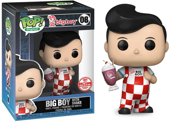 Big Boy mascot holding a milkshake from Ralphie's Funhouse, featuring a cheerful cartoon character with a large smile and colorful outfit.
