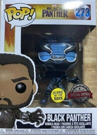 Black Panther figure with blue glow from Ralphie's Funhouse, detailed pose and vibrant glowing effects in a dynamic display.
