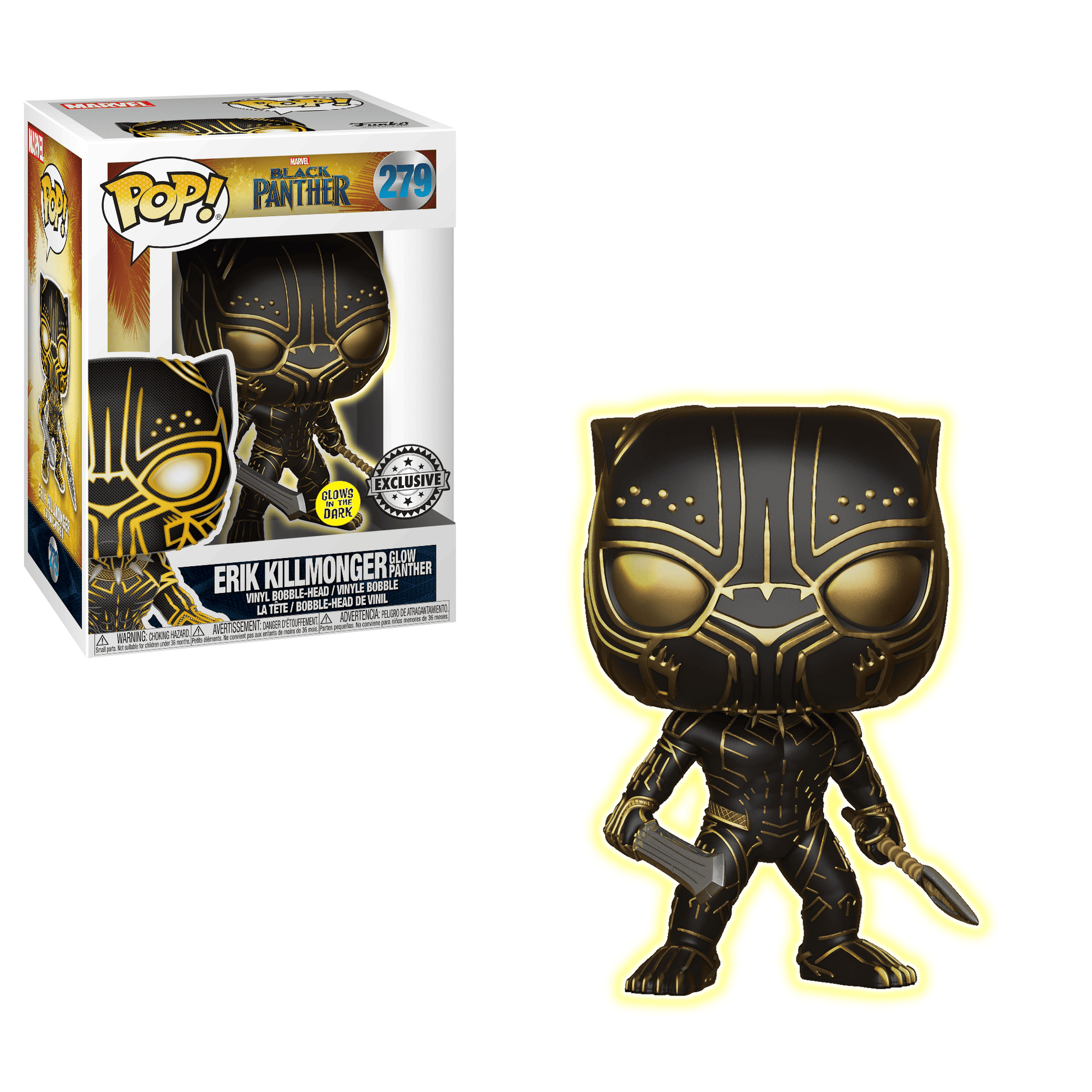 Black Panther-Killmonger Glow Panther toy by Ralphie's Funhouse, featuring a detailed black and gold Panther figure with glowing accents.