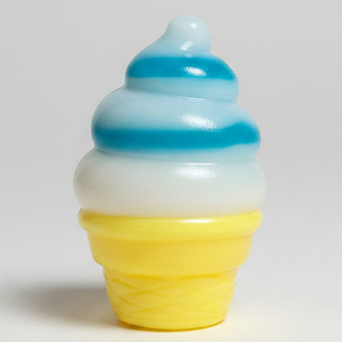 Blue and white swirl ice cream cone squishy from Ralphie's Funhouse, soft gelatin squish toy in a realistic dessert shape
