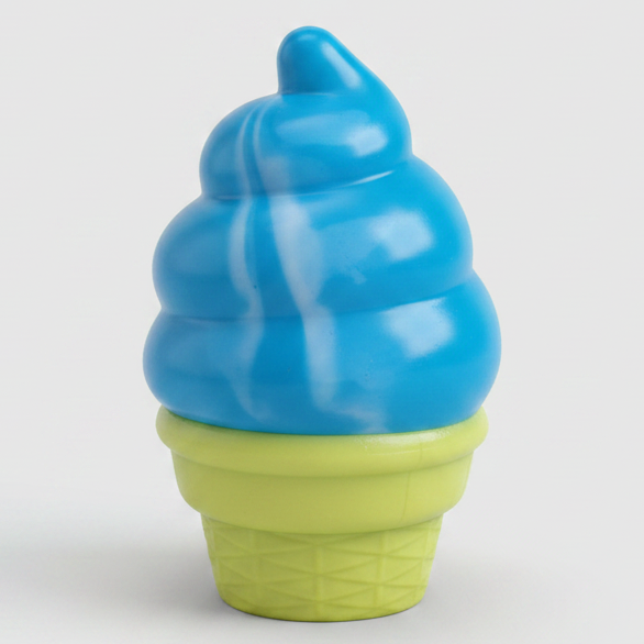 Blue creamy ice cream cone squishy toy from Ralphie's Funhouse, slow rising and soft, resembling a realistic ice cream cone.