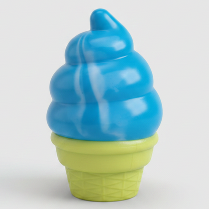 Blue creamy ice cream cone squishy toy from Ralphie's Funhouse, slow rising and soft, resembling a realistic ice cream cone.