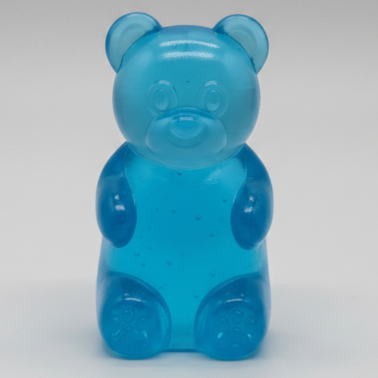Blue gummy bear squish toy from Ralphie's Funhouse, slow-rising and soft, with a shiny, translucent blue appearance.