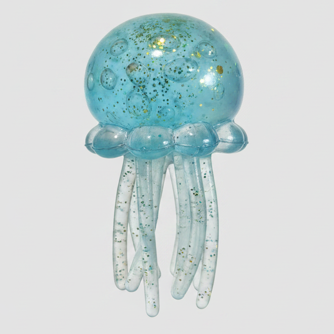 Blue jellyfish slow-rising squish toy with tentacles from Ralphie's Funhouse, soft and squeezable for stress relief.