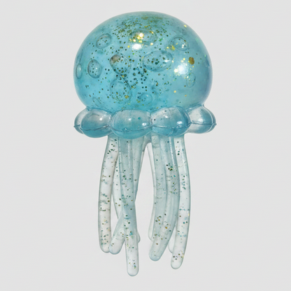 Blue jellyfish slow-rising squish toy with tentacles from Ralphie's Funhouse, soft and squeezable for stress relief.