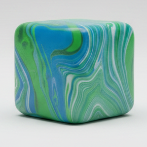 Blue and green swirl squeeze cube from Ralphie's Funhouse, a super slow-rising squishy toy for stress relief and sensory play.