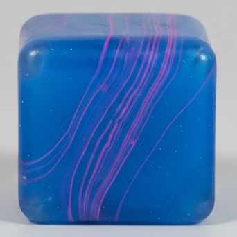 Blue and purple swirl squeeze cube from Ralphie's Funhouse, a super slow-rising squish toy for stress relief and sensory play.