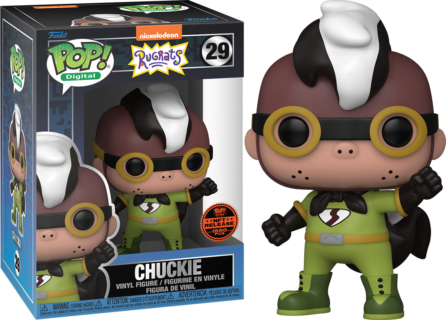 Ralphie's Funhouse Chuckie plush toy with orange hair, green shirt, and mischievous smile, sitting upright.