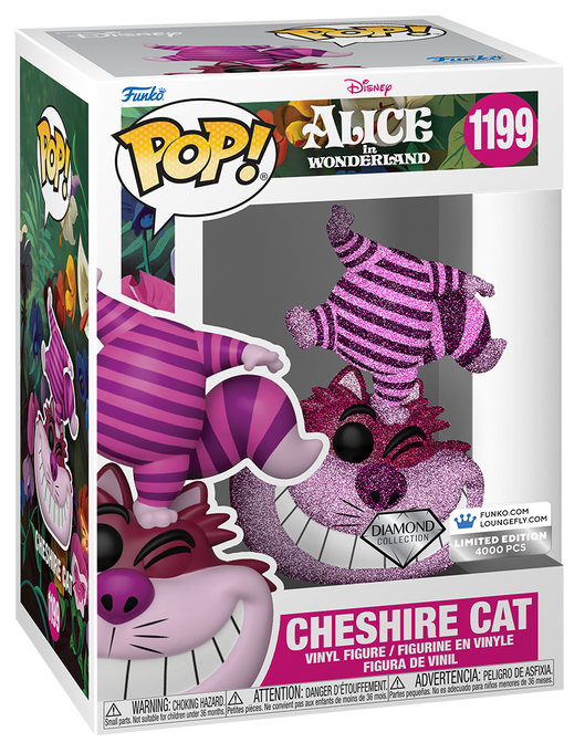 Disney100 Platinum Cheshire Cat cosplay Pop! figure and matching bag bundle by Ralphie's Funhouse, featuring colorful character design.