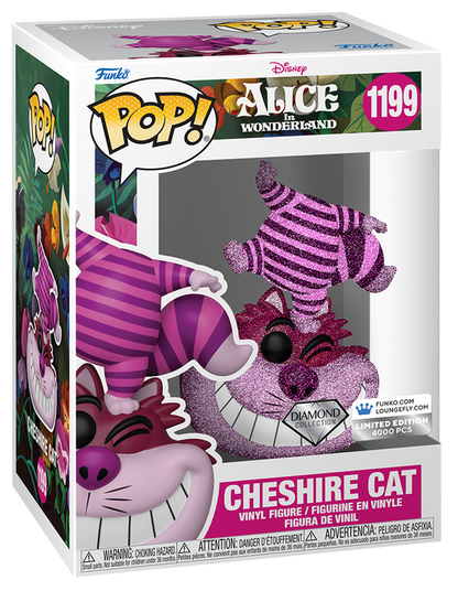Disney100 Platinum Cheshire Cat cosplay Pop! figure and matching bag bundle by Ralphie's Funhouse, featuring colorful character design.