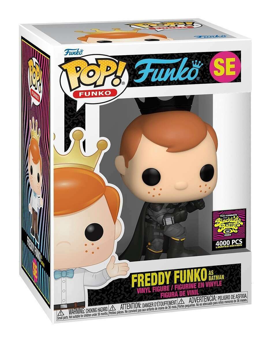 Freddy Funko as Batman collectible figure from Ralphie's Funhouse, featuring Freddy in Batman costume with detailed design.