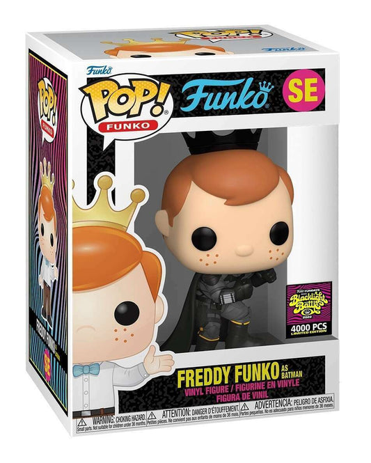 Freddy Funko as Batman vinyl art toy by Ralphie's Funhouse, featuring Freddy with Batman costume and detailed design.