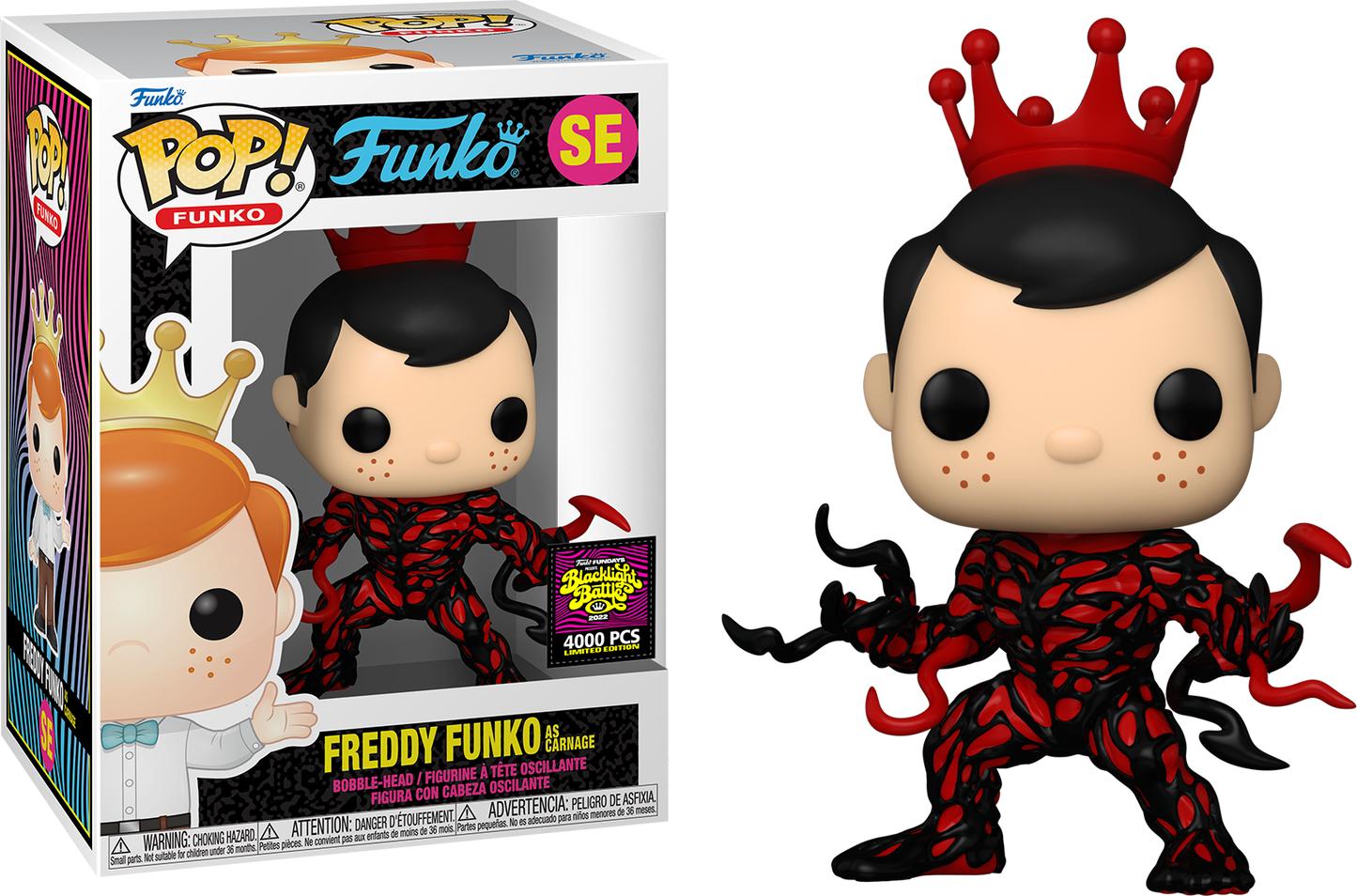 Freddy Funko as Carnage collectible figure from Ralphie's Funhouse, featuring a detailed red and black symbiote costume.