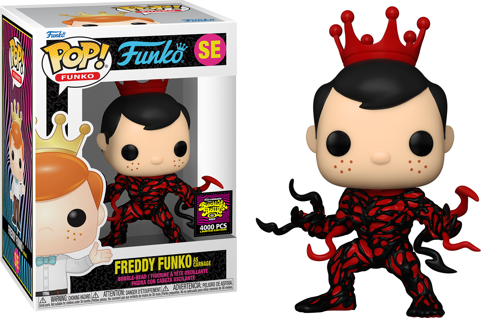 Freddy Funko as Carnage collectible figure from Ralphie's Funhouse, featuring a detailed red and black symbiote costume.