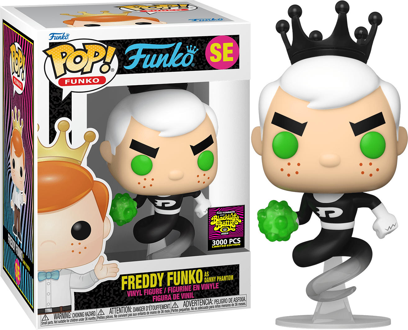 Freddy Funko as Danny Phantom collectible figure from Ralphie's Funhouse, featuring a cartoon ghost character with white hair and a jumpsuit.