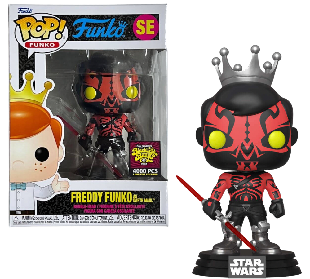 Freddy Funko as Darth Maul collectible figure from Ralphie's Funhouse, featuring Freddy with Darth Maul costume and details
