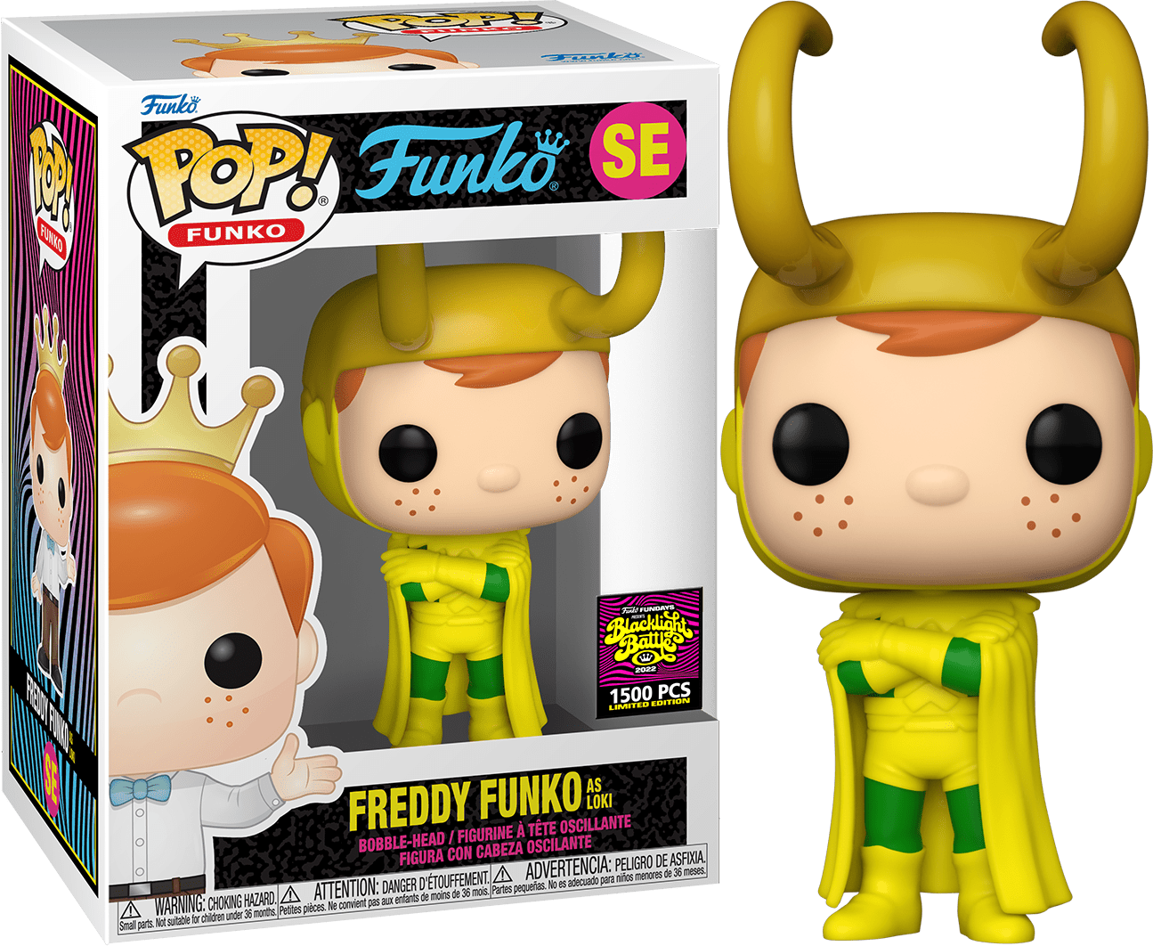 Freddy Funko as Loki collectible figure by Ralphie's Funhouse, featuring Freddy in Loki costume with detailed green and gold attire.