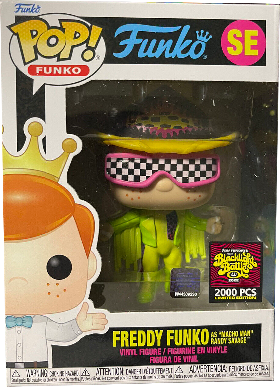 Freddy Funko as Macho Man Randy Savage collectible figure by Ralphie's Funhouse, featuring iconic wrestling attire and pose.