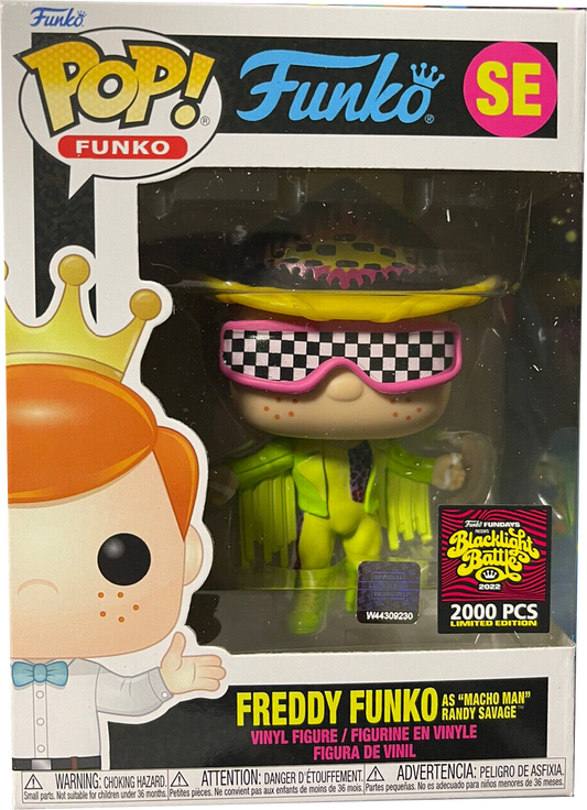 Freddy Funko vinyl art toy as Macho Man Randy Savage, featuring colorful wrestling attire and iconic sunglasses.
