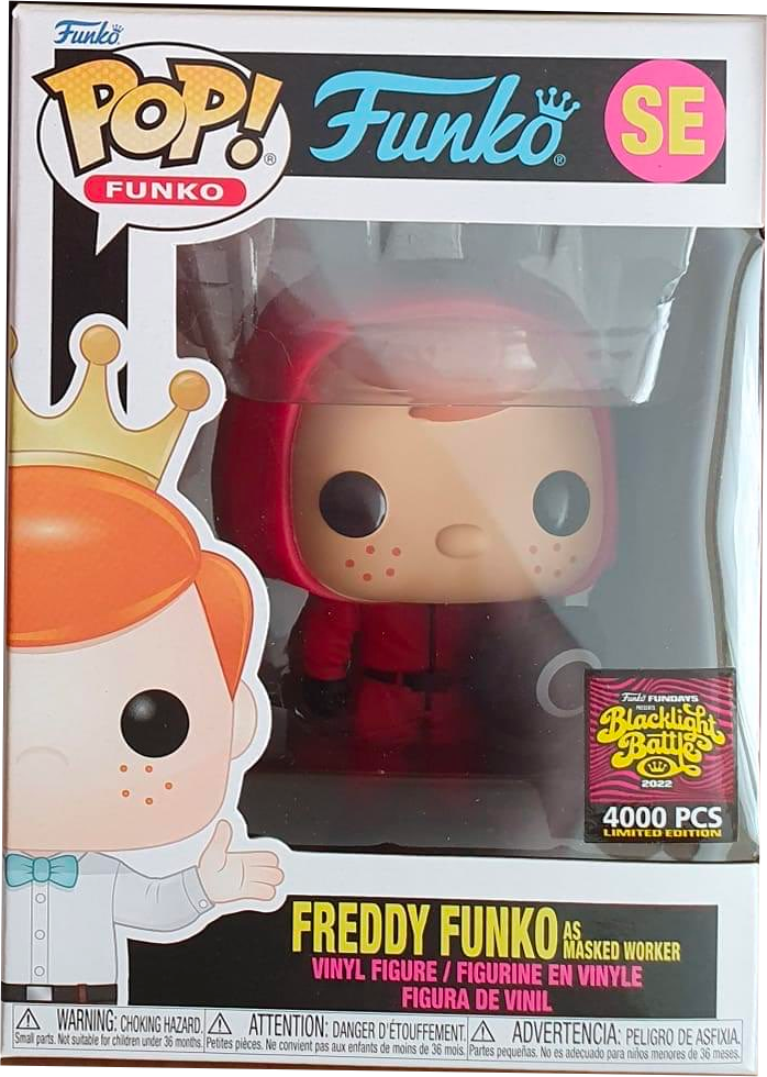 Freddy Funko as Masked Worker collectible figure by Ralphie's Funhouse, featuring Freddy in a worker costume with a mask.
