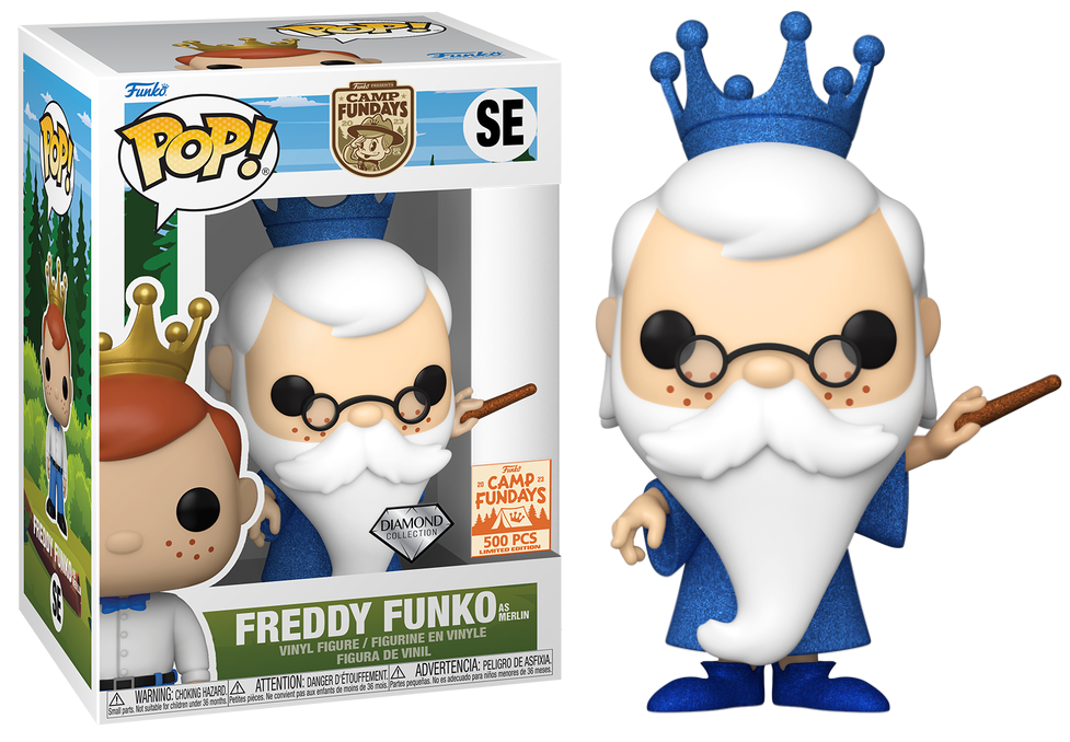 Freddy Funko as Merlin collectible figure by Ralphie's Funhouse, featuring Freddy in wizard costume with magical accessories.