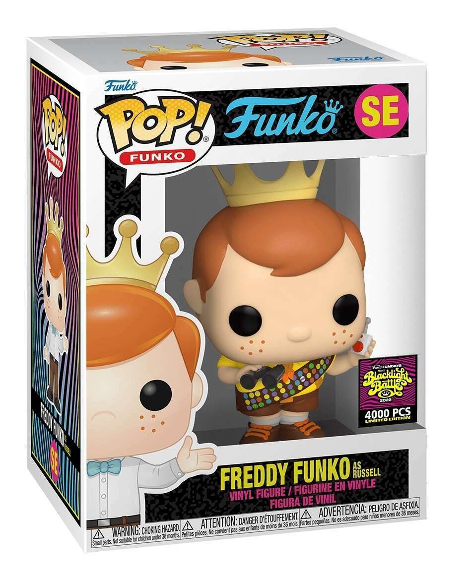 Freddy Funko figurine dressed as Russell from Disney's Up, collectible toy by Ralphie's Funhouse.
