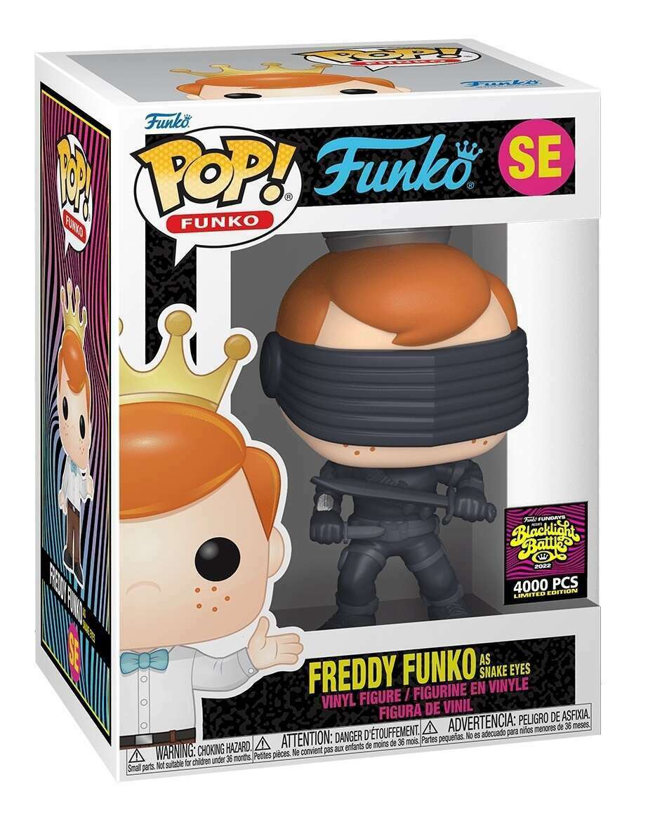 Freddy Funko figurine dressed as Snake Eyes from G.I. Joe, collectible toy by Ralphie's Funhouse, detailed and colorful.