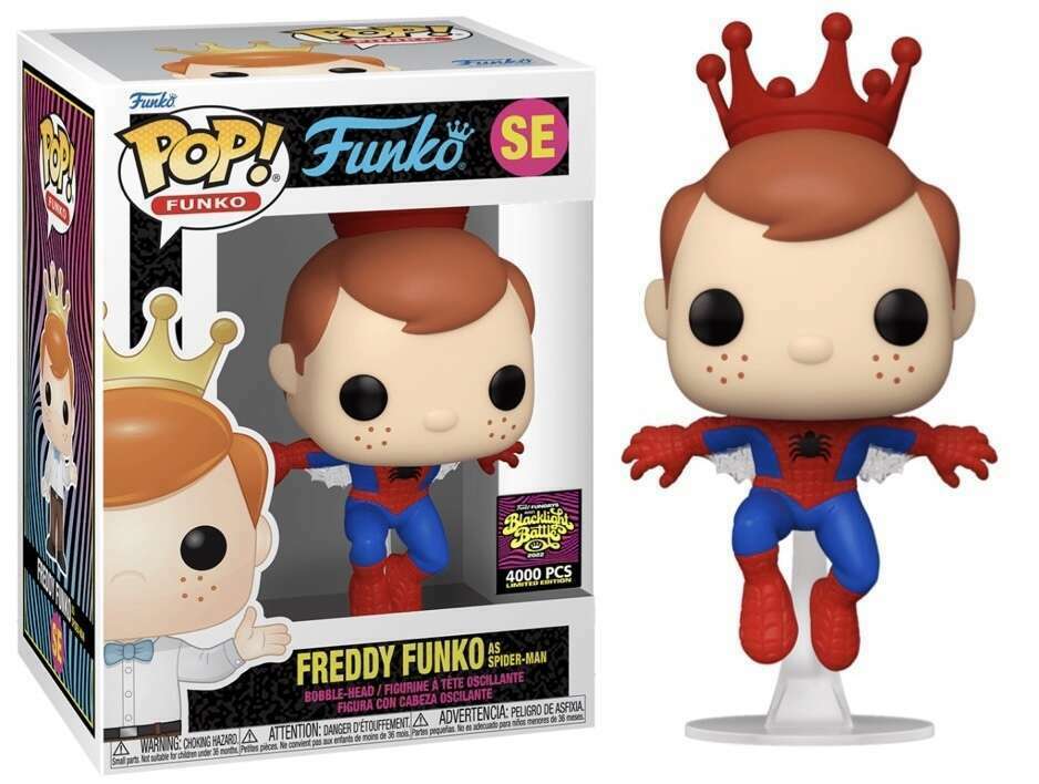 Freddy Funko as Spider-Man Funko pop figure from Ralphie's Funhouse, featuring Freddy in Spider-Man costume with red and blue suit.