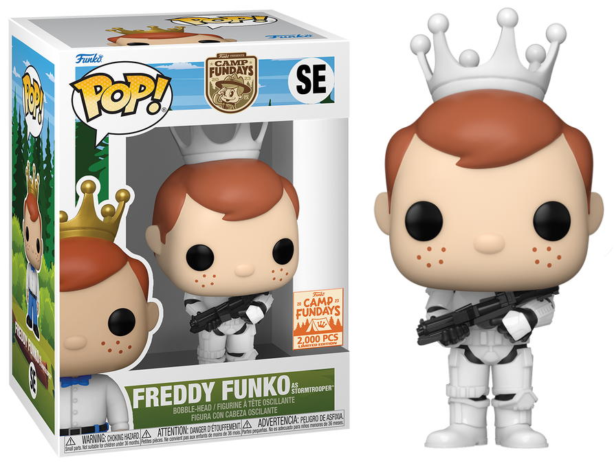 Freddy Funko figure dressed as a Stormtrooper, collectible toy by Ralphie's Funhouse on a white background.