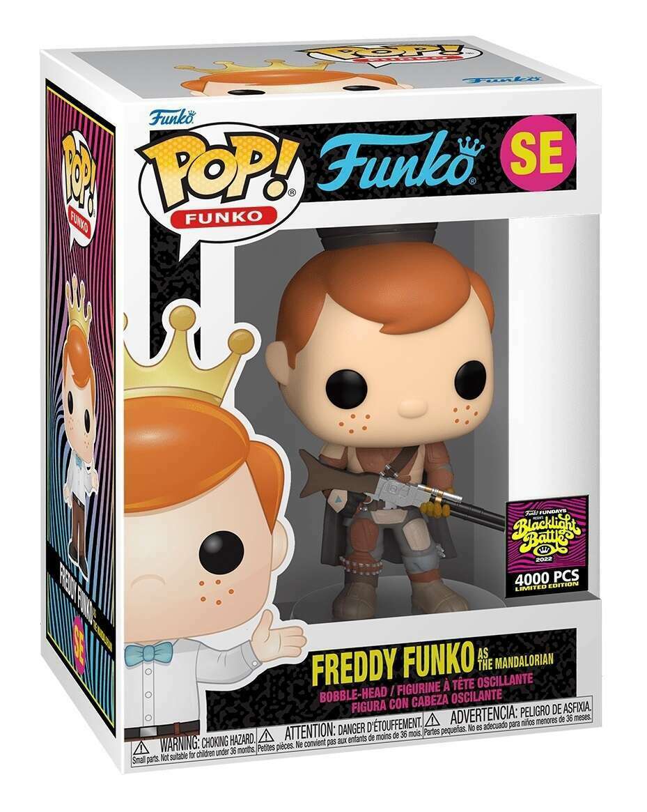 Freddy Funko as The Mandalorian collectible figure by Ralphie's Funhouse, featuring detailed Star Wars character costume and accessories.