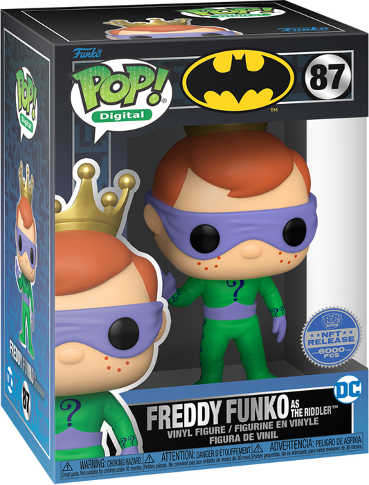 Freddy Funko as The Riddler vinyl art toy by Ralphie's Funhouse, featuring Freddy in green suit with question mark accessories.