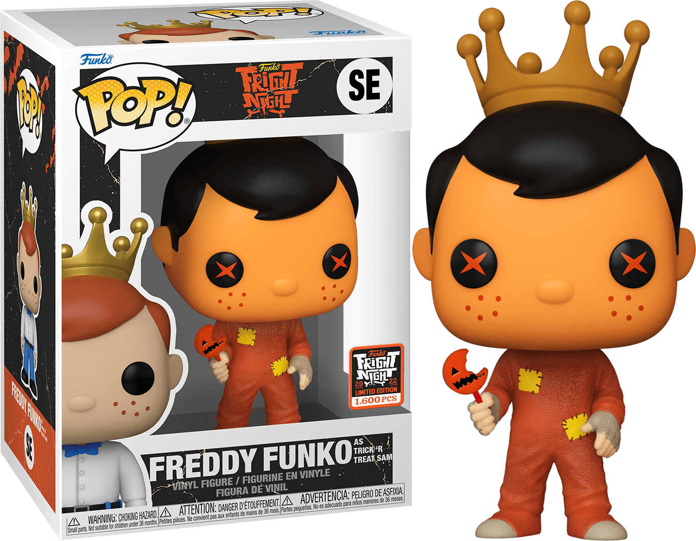 Freddy Funko as Trick 'R Treat Sam plush figure by Ralphie's Funhouse, featuring Sam in his iconic costume and pumpkin bag.