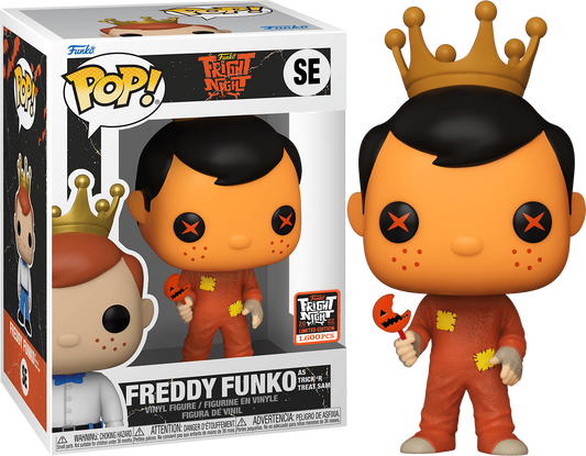 Freddy Funko as Trick 'R Treat Sam vinyl art toy by Ralphie's Funhouse, featuring a detailed collectible figure with Halloween costume.