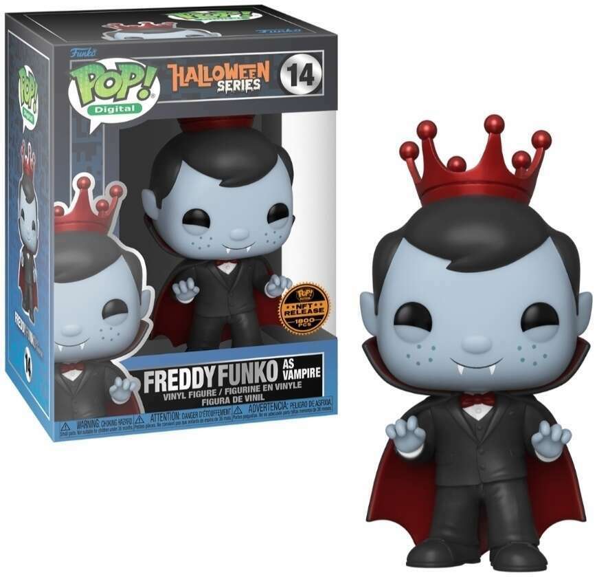 Freddy Funko as a vampire collectible figure from Ralphie's Funhouse featuring a vampire costume and fanged face.