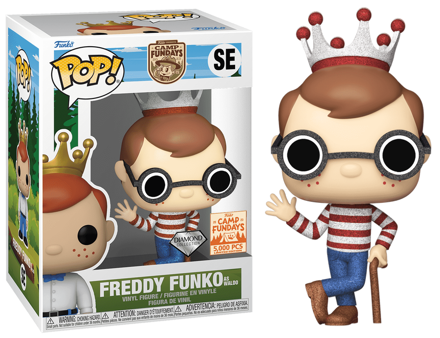 Freddy Funko as Waldo collectible figure by Ralphie's Funhouse, featuring Freddy dressed in Waldo's iconic red and white striped outfit.