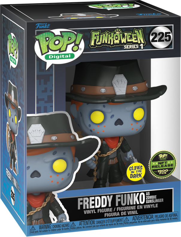 Freddy Funko as Zombie Gunslinger collectible figure from Ralphie's Funhouse, detailed with zombie-themed cowboy attire.