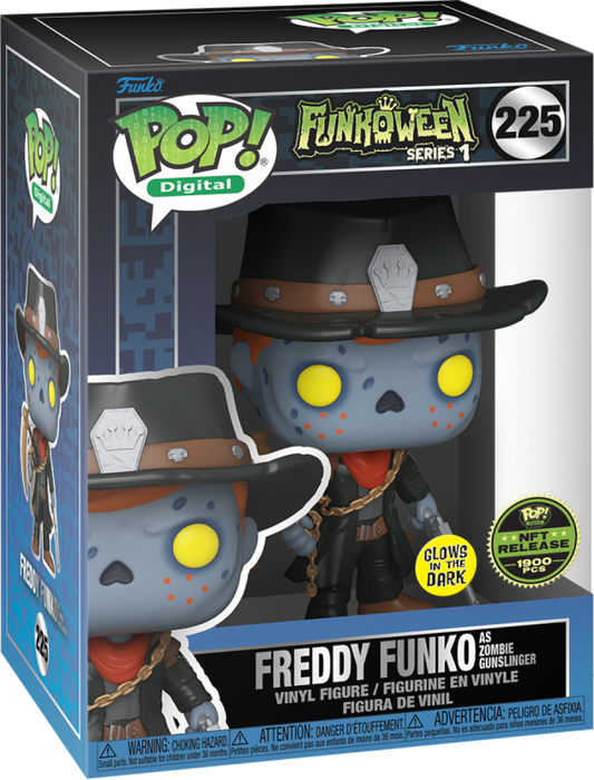 Freddy Funko as Zombie Gunslinger vinyl art toy from Ralphie's Funhouse, featuring a zombie-themed Freddy with cowboy attire.