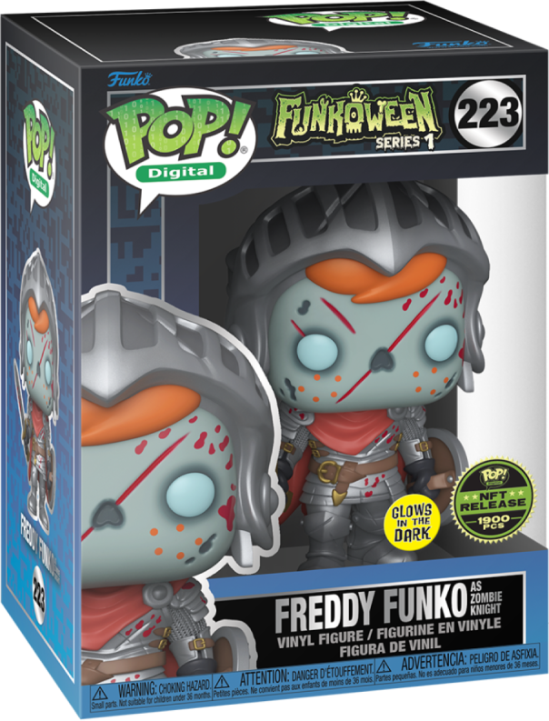 Freddy Funko as Zombie Knight collectible figure from Ralphie's Funhouse, featuring a zombie-themed knight costume and detailed design.