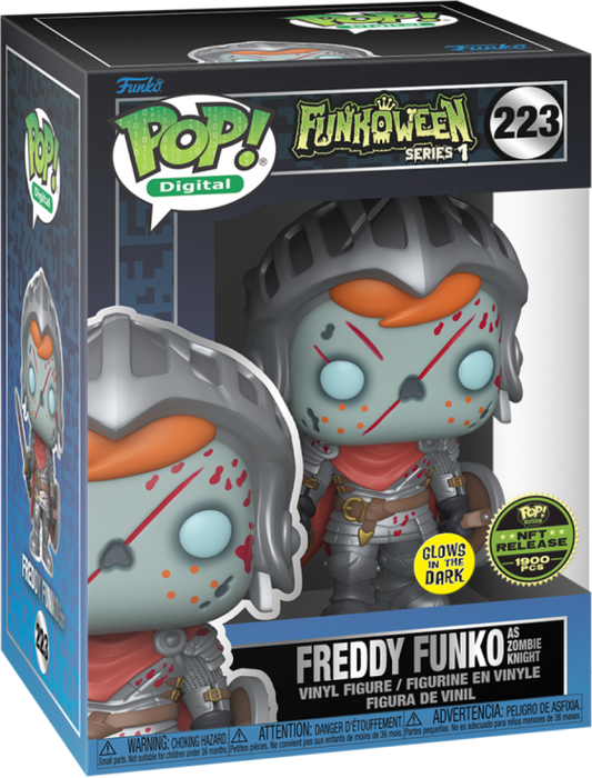 Freddy Funko as Zombie Knight vinyl art toy by Ralphie's Funhouse, featuring a zombie-themed Freddy figure with knight armor.