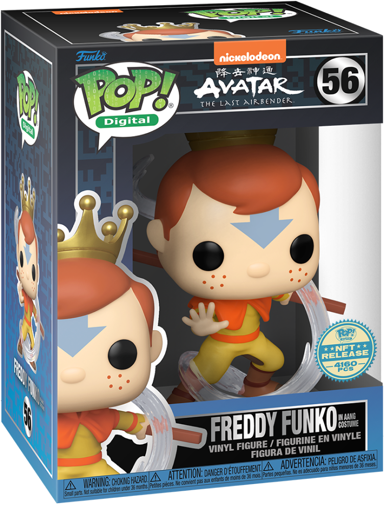 Freddy Funko figure dressed as Aang from Avatar: The Last Airbender, in a colorful orange and blue costume.