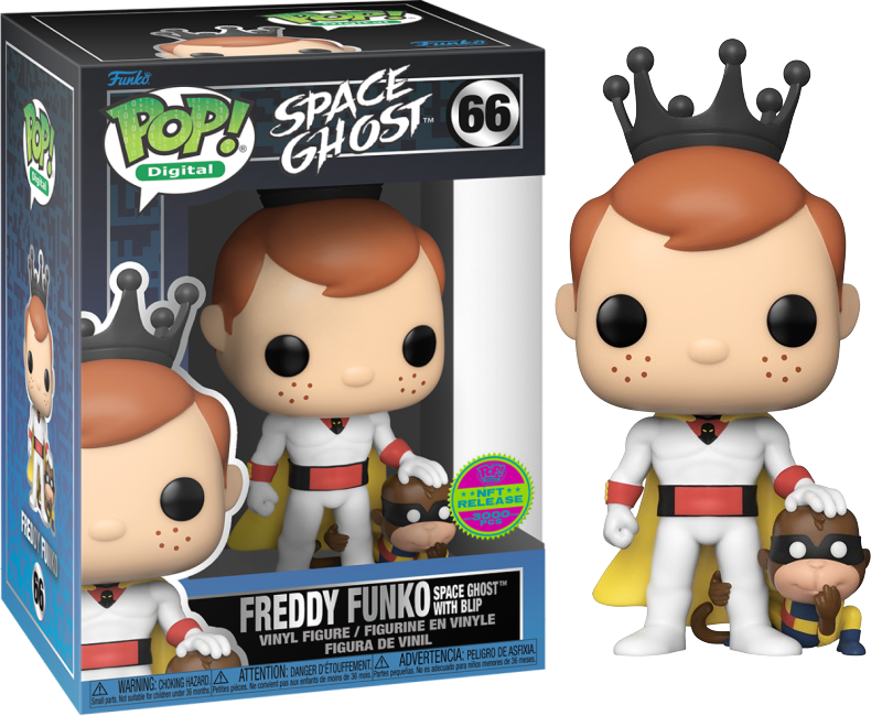 Freddy Funko Space Ghost figure with Blip from Ralphie's Funhouse, collectible toy featuring Space Ghost character and small Blip figure